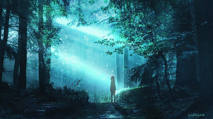 Anime girl in cyan forest with light beams