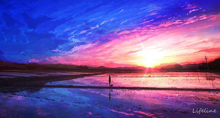 Anime landscape with person and dog at sunset