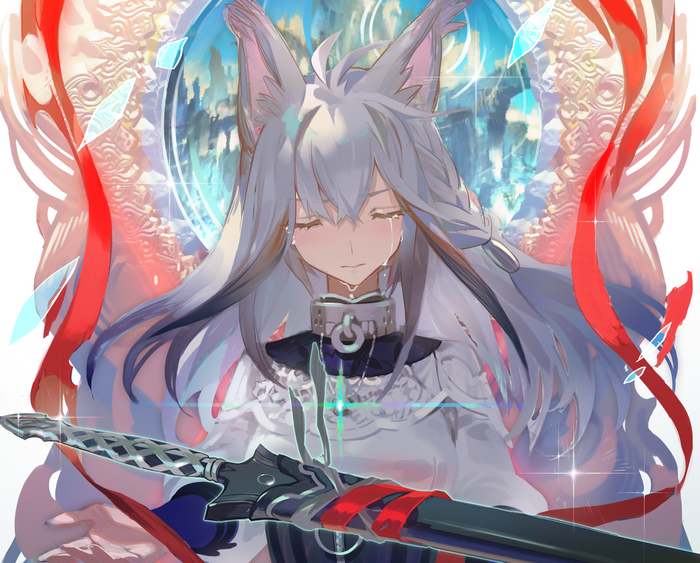 Anime girl with animal ears crying holding a sword
