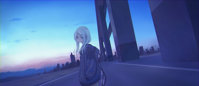 Anime girl on a bridge overlooking a city at dusk