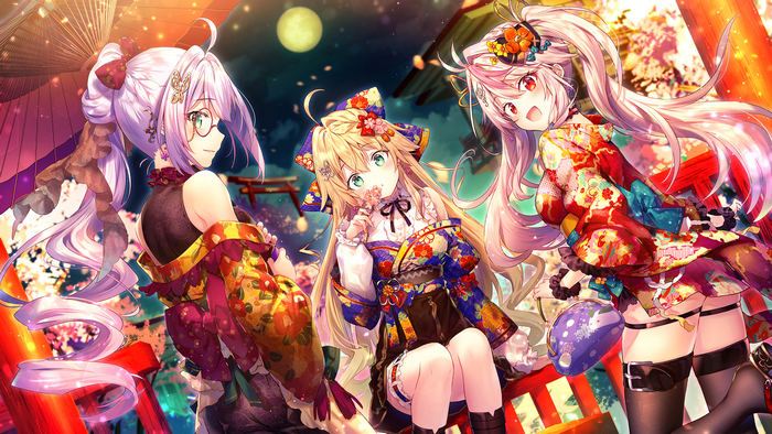 Azur Lane characters in yukatas at night