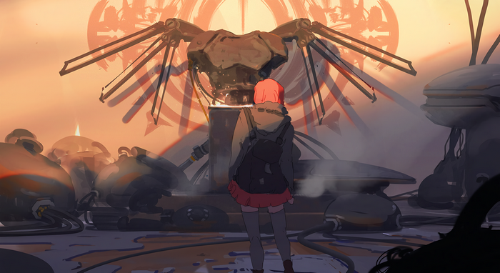 Redhead girl with backpack in sci-fi junkyard