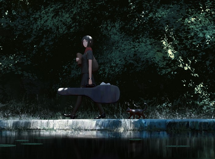 Girl with guitar case and cat walking by water