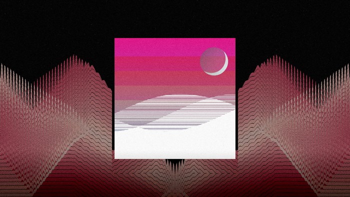 Abstract glitch art landscape with crescent moon