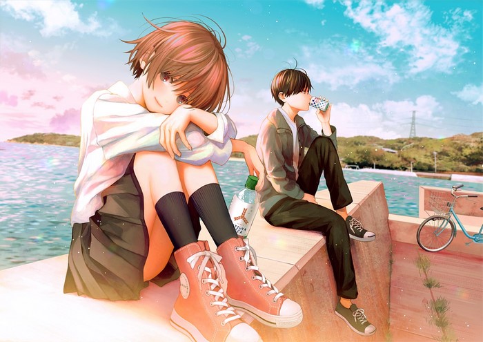 Anime couple by the water with a bicycle