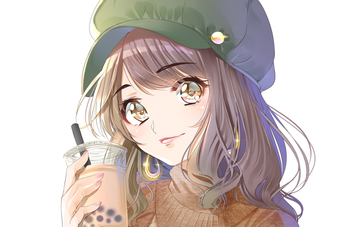 Anime girl with bubble tea and green hat