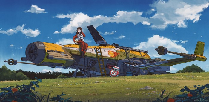 Girl and BB-8 with X-Wing in a field