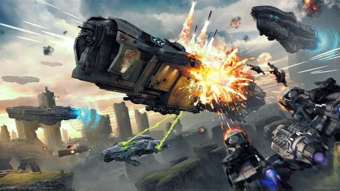 Spaceship war concept art with explosions