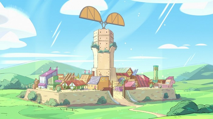 Steven Universe town with a tall tower