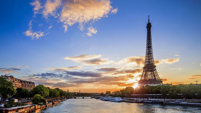 Eiffel Tower and Seine River at Sunset in Paris