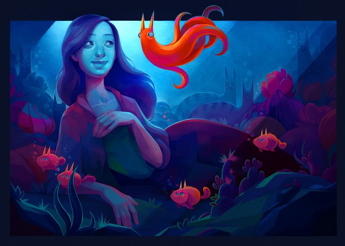 Fantasy girl with orange creature and fish underwater