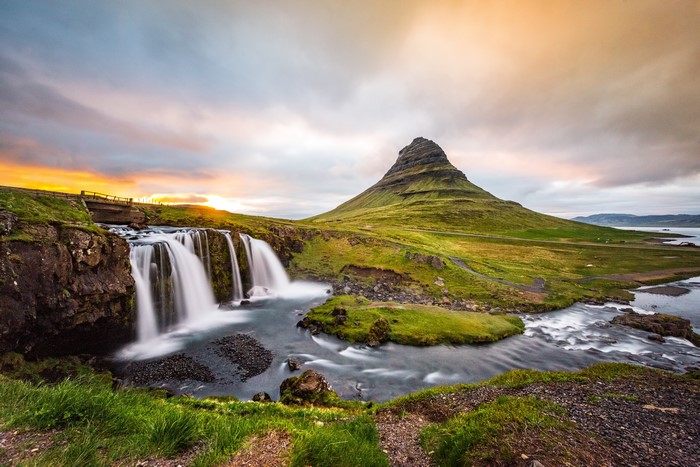 Waterfall and Mountain at Sunset in Iceland