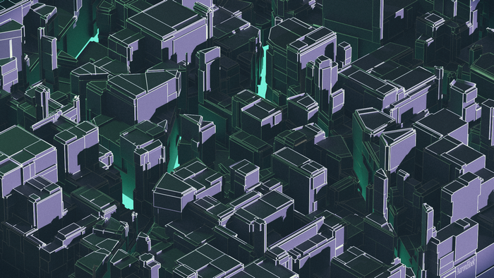 Abstract digital art cityscape with glowing green channels