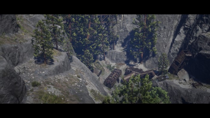 Red Dead Redemption 2 train wreckage in a rocky canyon