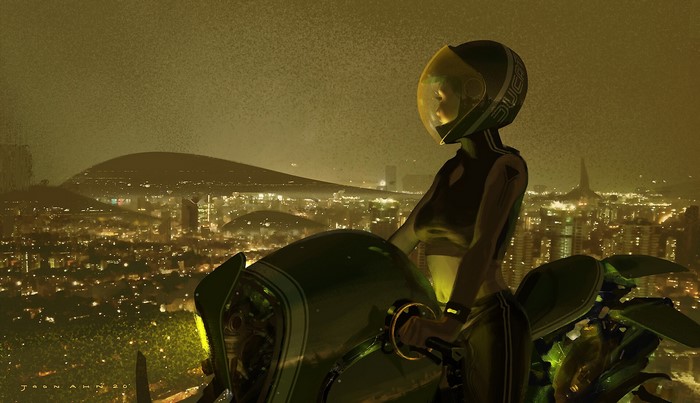 Woman in helmet on motorcycle overlooking futuristic cityscape at night