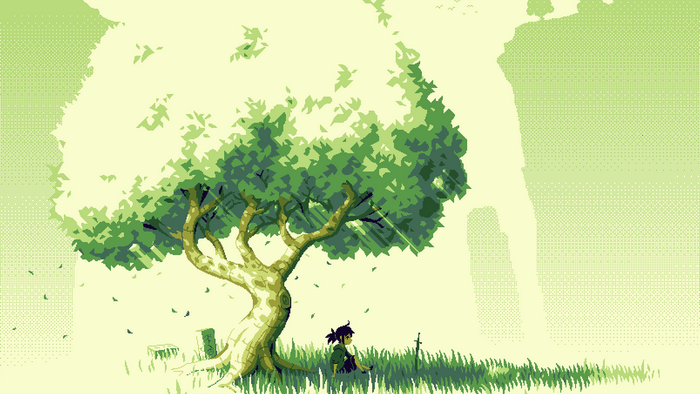 Pixel art of a person sitting under a tree with a sword