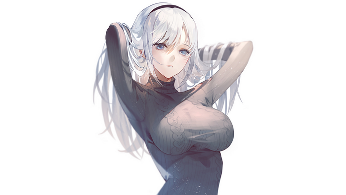 Anime girl with silver hair and aqua eyes wearing a sweater