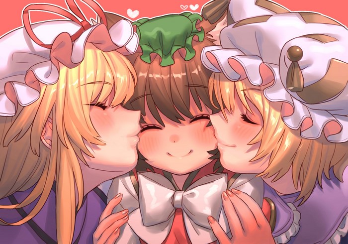 Three Touhou characters kissing