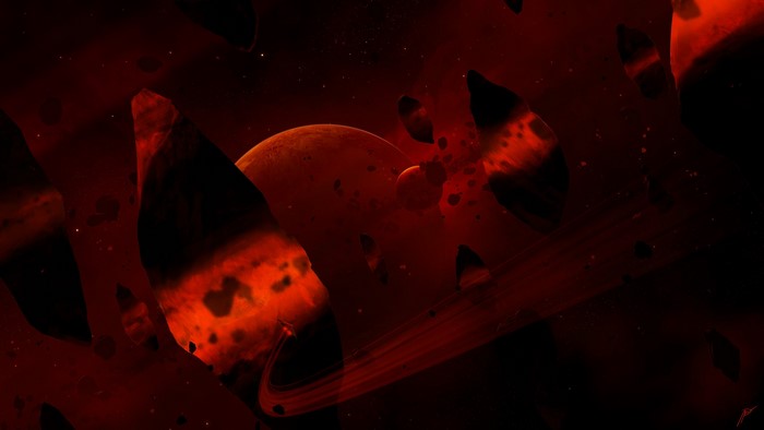 Space art with asteroids and planets
