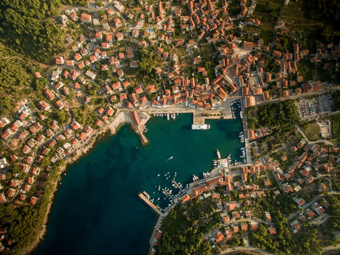 Aerial view of Jelsa, Croatia harbor