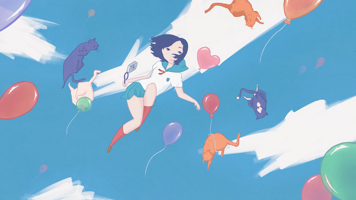 Girl with camera flying with cats and balloons
