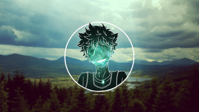 Anime character in a circle over a mountain landscape