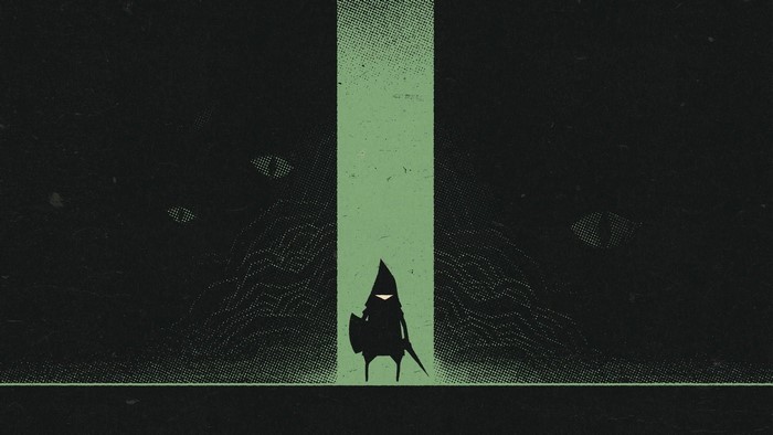 Silhouette of a character in a green light with glowing eyes in the dark