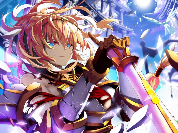 Anime girl with blonde hair and blue eyes in armor