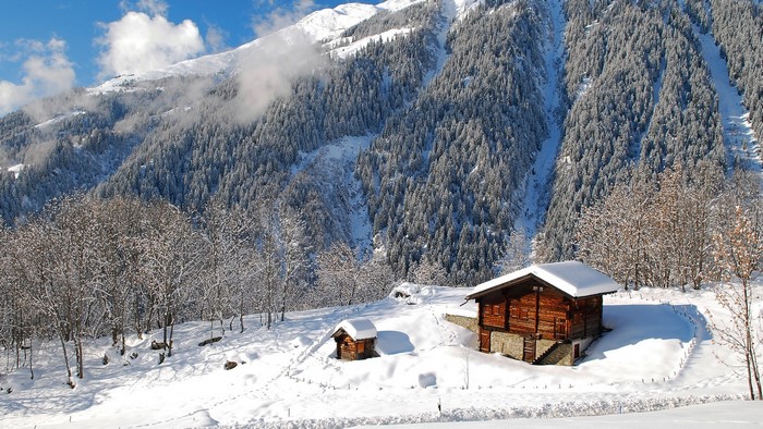 Wooden cabins in a snowy mountain landscape with pine forest