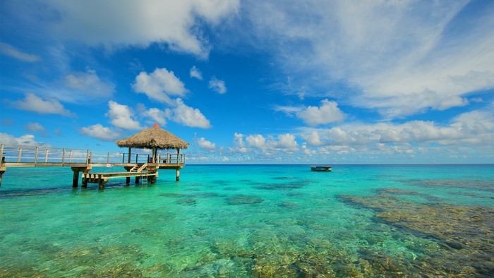 Tropical pier with thatched hut over turquoise ocean