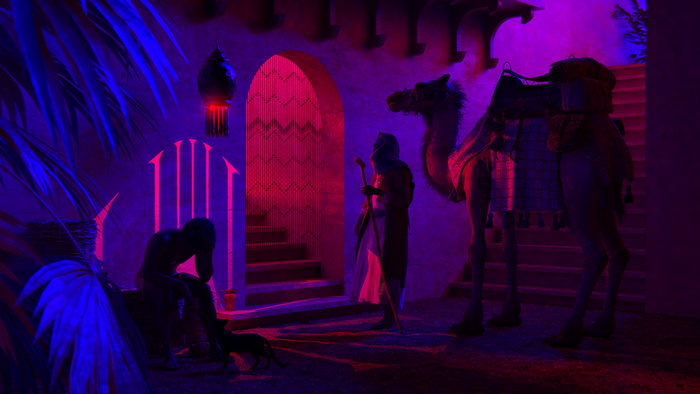 Camel caravan at night with neon lights