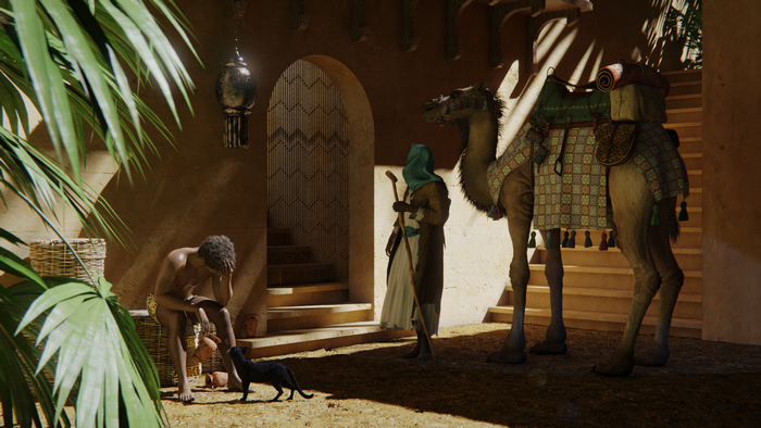Man and camel in ancient Middle Eastern setting