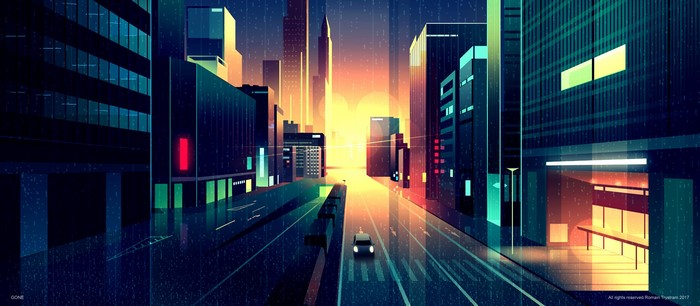 City street at night with rain and car by Romain Trystram