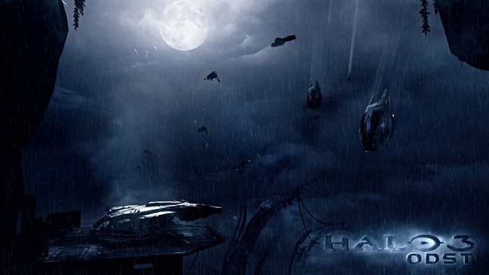 Halo 3: ODST Covenant dropships and Pelican in rain