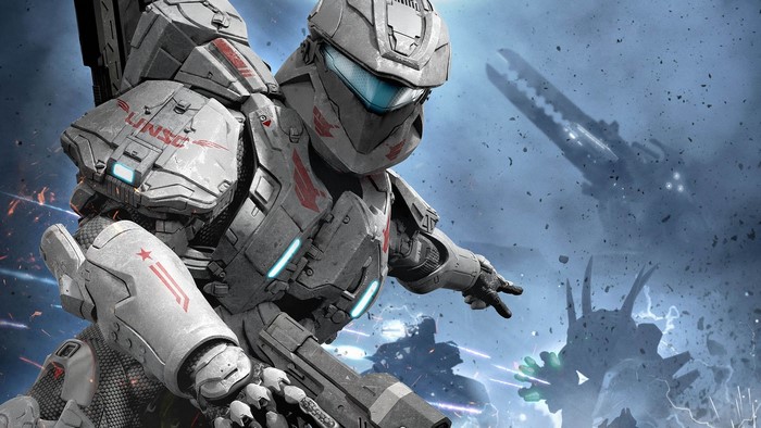 Spartan from Halo in combat with Covenant forces