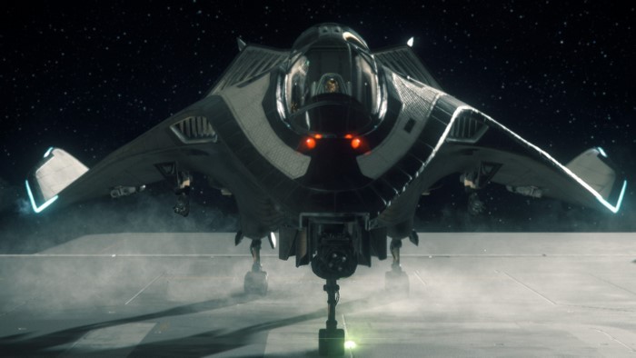 Star Citizen spaceship on a landing pad
