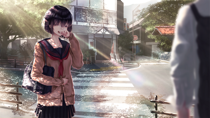 Anime girl in school uniform on a street