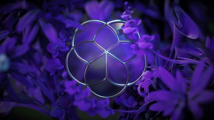 Abstract purple geometric flower surrounded by orchids