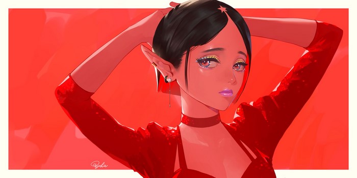 Elf girl with black hair and red outfit