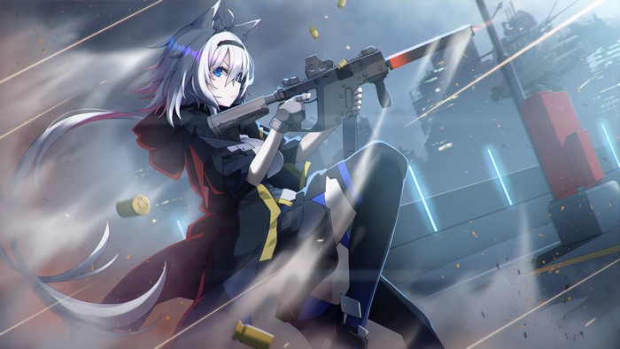 Anime girl with animal ears holding a gun