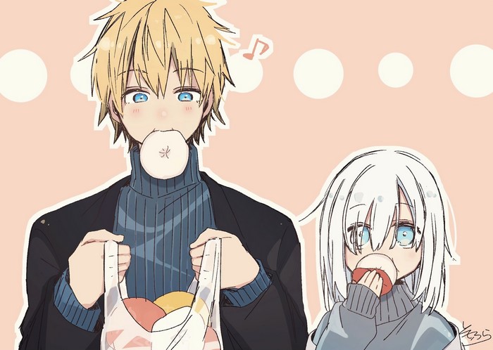 Anime boy and girl eating fruit