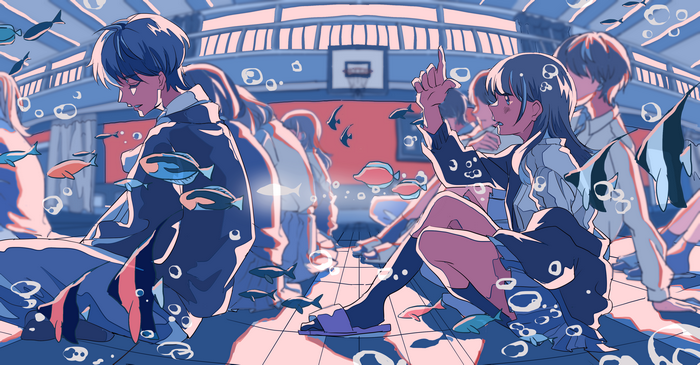 Anime characters in a gymnasium with fish and bubbles