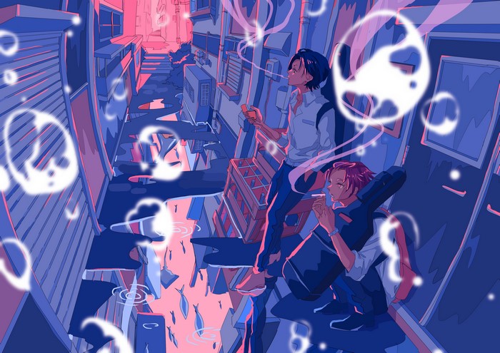 Anime boys smoking in alley with guitar