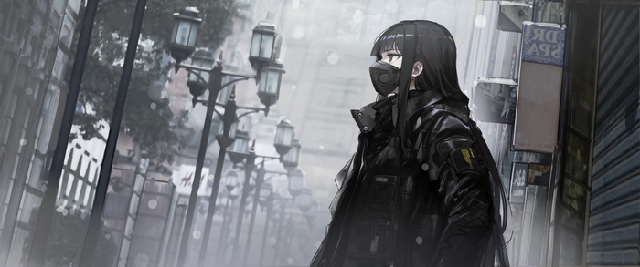 Anime girl with mask in rainy city