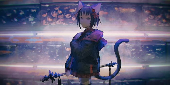 Anime girl with cat ears and tail holding a staff