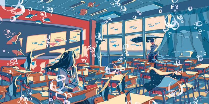 Anime classroom with fish and students