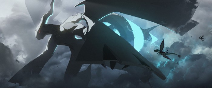 Zekrom from Pokémon in a stormy sky