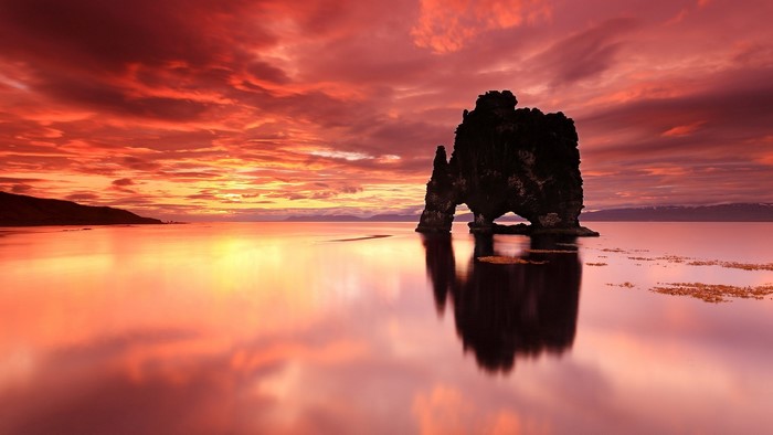 Hvítserkur rock formation in Iceland at sunset