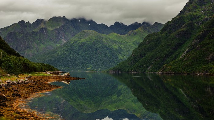 Mountain lake reflection in Norway