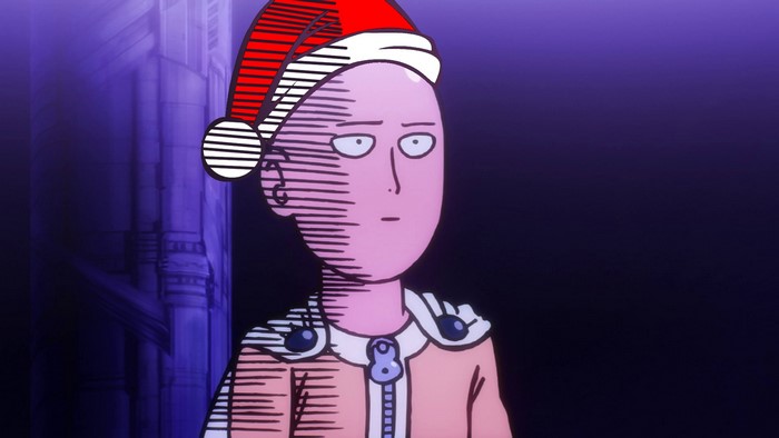 Saitama from One-Punch Man wearing a Christmas hat